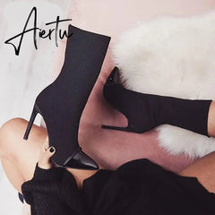 Aiertu New Women Sock Boots Pointed Toe Elastic High Boots Slip On High Heel Ankle Boots Women Pumps Stiletto Botas Aiertu