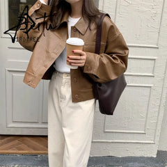 Aiertu New Women Spring Autumn Black Faux Leather Bomber Jackets Button Up Basic Short Coat Turn-Down Collar Motor Biker Jacket T0D610C Aiertu