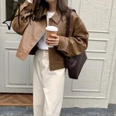 Aiertu New Women Spring Autumn Black Faux Leather Bomber Jackets Button Up Basic Short Coat Turn-Down Collar Motor Biker Jacket T0D610C Aiertu