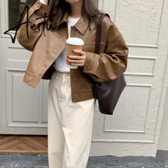 Aiertu New Women Spring Autumn Black Faux Leather Bomber Jackets Button Up Basic Short Coat Turn-Down Collar Motor Biker Jacket T0D610C Aiertu