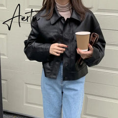 Aiertu New Women Spring Autumn Black Faux Leather Bomber Jackets Button Up Basic Short Coat Turn-Down Collar Motor Biker Jacket T0D610C Aiertu