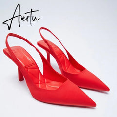 Aiertu New Women's Closed Toe Red Single Shoes with Stiletto Heel Mid-heeled Fashion Sandals with Hollow Pointed Toe Shoes Aiertu