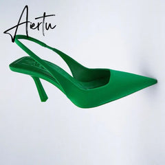 Aiertu New Women's Closed Toe Red Single Shoes with Stiletto Heel Mid-heeled Fashion Sandals with Hollow Pointed Toe Shoes Aiertu