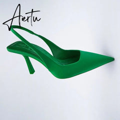 Aiertu New Women's Closed Toe Red Single Shoes with Stiletto Heel Mid-heeled Fashion Sandals with Hollow Pointed Toe Shoes Aiertu