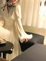 Aiertu New Women's French Elegant Ruffle Irregular Long Dress Korean Fashion Fairy Pleated Party Evening One Piece Dress Spring Aiertu