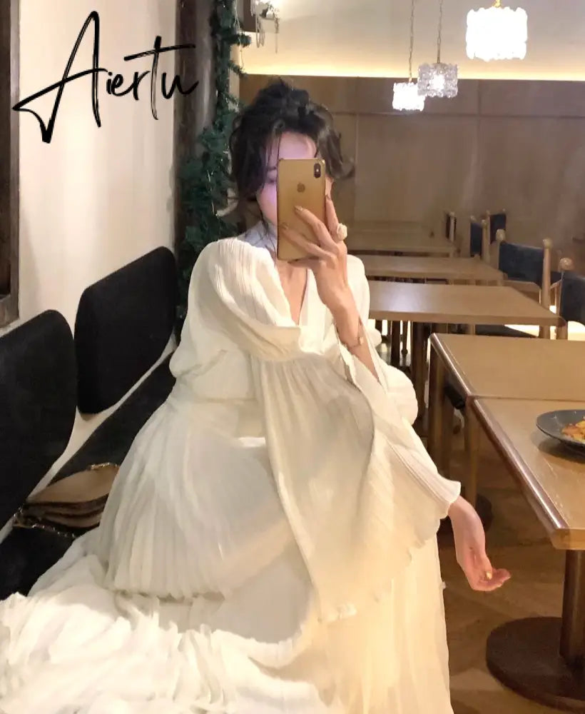 Aiertu New Women's French Elegant Ruffle Irregular Long Dress Korean Fashion Fairy Pleated Party Evening One Piece Dress Spring Aiertu