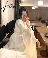 Aiertu New Women's French Elegant Ruffle Irregular Long Dress Korean Fashion Fairy Pleated Party Evening One Piece Dress Spring Aiertu
