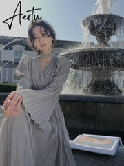 Aiertu New Women's French Elegant Ruffle Irregular Long Dress Korean Fashion Fairy Pleated Party Evening One Piece Dress Spring Aiertu
