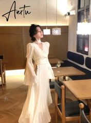 Aiertu New Women's French Elegant Ruffle Irregular Long Dress Korean Fashion Fairy Pleated Party Evening One Piece Dress Spring Aiertu