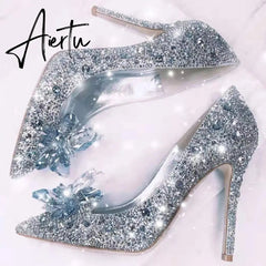 Aiertu Newest Cinderella Shoes Rhinestone High Heels Women Pumps Pointed toe Woman Crystal Party Wedding Shoes 5cm/7cm/9cm Aiertu