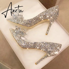 Aiertu Newest Cinderella Shoes Rhinestone High Heels Women Pumps Pointed toe Woman Crystal Party Wedding Shoes 5cm/7cm/9cm Aiertu