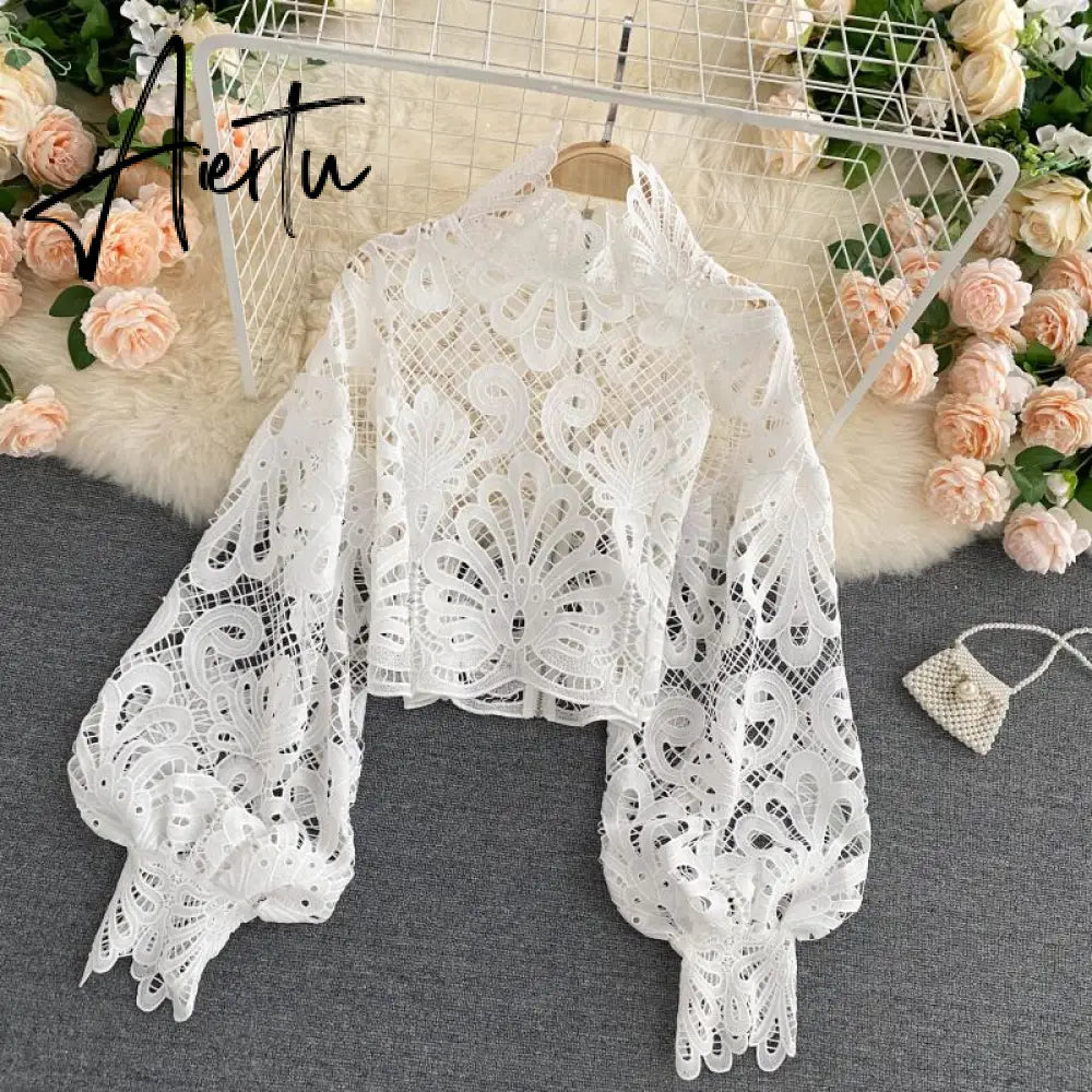 Aiertu Newest Spring Autumn Sexy Lace Shirt Hollow Out Lantern Stand Collar Short Blouse Women Elegant Casual Loose Tops Blusas Aiertu