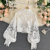 Aiertu Newest Spring Autumn Sexy Lace Shirt Hollow Out Lantern Stand Collar Short Blouse Women Elegant Casual Loose Tops Blusas Aiertu