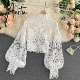 Aiertu Newest Spring Autumn Sexy Lace Shirt Hollow Out Lantern Stand Collar Short Blouse Women Elegant Casual Loose Tops Blusas Aiertu