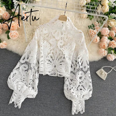 Aiertu Newest Spring Autumn Sexy Lace Shirt Hollow Out Lantern Stand Collar Short Blouse Women Elegant Casual Loose Tops Blusas Aiertu