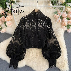 Aiertu Newest Spring Autumn Sexy Lace Shirt Hollow Out Lantern Stand Collar Short Blouse Women Elegant Casual Loose Tops Blusas Aiertu