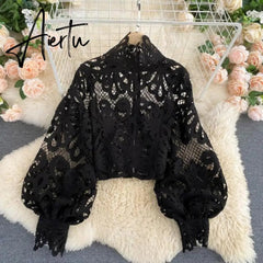 Aiertu Newest Spring Autumn Sexy Lace Shirt Hollow Out Lantern Stand Collar Short Blouse Women Elegant Casual Loose Tops Blusas Aiertu