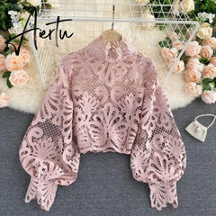 Aiertu Newest Spring Autumn Sexy Lace Shirt Hollow Out Lantern Stand Collar Short Blouse Women Elegant Casual Loose Tops Blusas Aiertu