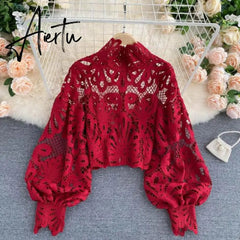 Aiertu Newest Spring Autumn Sexy Lace Shirt Hollow Out Lantern Stand Collar Short Blouse Women Elegant Casual Loose Tops Blusas Aiertu