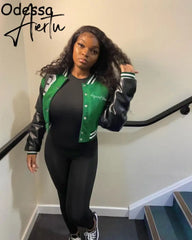 Aiertu Odessa Winter Long Sleeve Baseball Jacket Faux Leather Patchwork Button Y2K Varsity Bomber Jackets Women Crop Coat Brown Aiertu