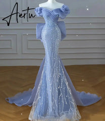 Aiertu Off the Shoulder Sequin Beaded Mermaid Formal Gown Custom Made Bowknot Back Blue Prom Dress for Women Aiertu