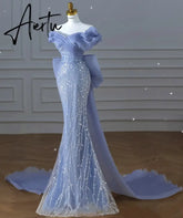 Aiertu Off the Shoulder Sequin Beaded Mermaid Formal Gown Custom Made Bowknot Back Blue Prom Dress for Women Aiertu