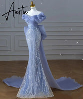 Aiertu Off the Shoulder Sequin Beaded Mermaid Formal Gown Custom Made Bowknot Back Blue Prom Dress for Women Aiertu