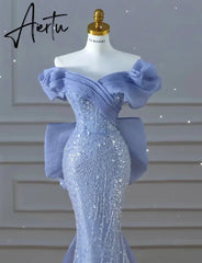 Aiertu Off the Shoulder Sequin Beaded Mermaid Formal Gown Custom Made Bowknot Back Blue Prom Dress for Women Aiertu
