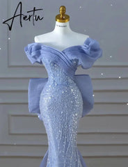 Aiertu Off the Shoulder Sequin Beaded Mermaid Formal Gown Custom Made Bowknot Back Blue Prom Dress for Women Aiertu