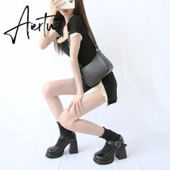 Aiertu Office Ladies Platform Round Toe High Heels Sandals Women Buckle Strappy Marry Janes Black JK Cosplay Goth Punk Summer Shoes Aiertu