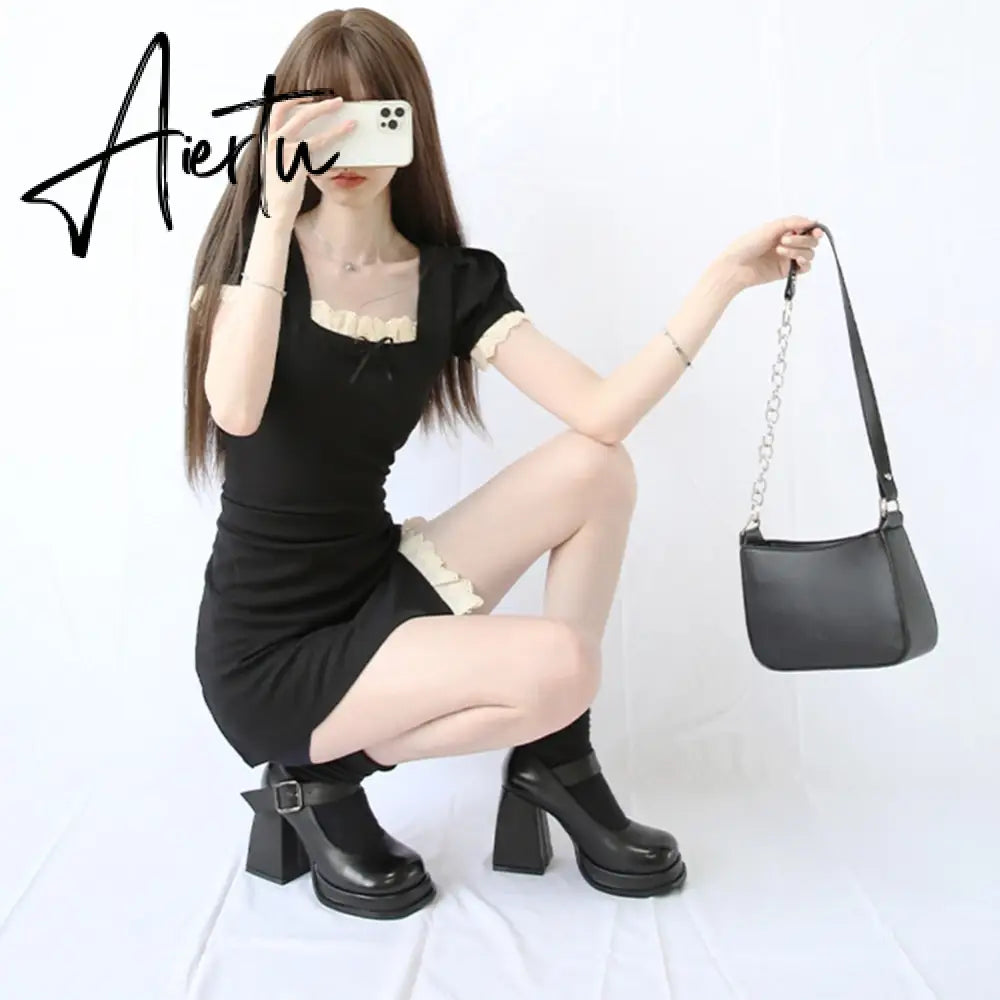 Aiertu Office Ladies Platform Round Toe High Heels Sandals Women Buckle Strappy Marry Janes Black JK Cosplay Goth Punk Summer Shoes Aiertu