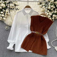 Aiertu Office Lady Knitted Sweater Warm Thick Knit Vest+Single Breasted Lantern Sleeve Blouse Women Pullover Shirt Suits Aiertu