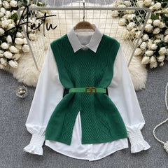 Aiertu Office Lady Knitted Sweater Warm Thick Knit Vest+Single Breasted Lantern Sleeve Blouse Women Pullover Shirt Suits Aiertu