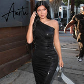 Aiertu One-Shoulder Slim Gathered Solid Leather Maxi Dress Summer Women Fashion Sexy Party Club Robe Kpytomoa Aiertu