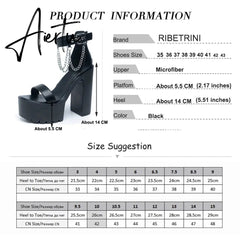 Aiertu Open Toe Metal Chain Chunky Heeled Strappy Sandals For Women Platform Block High Heels Summer Black Punk Shoes Woman Aiertu