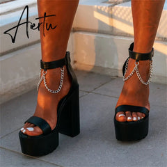 Aiertu Open Toe Metal Chain Chunky Heeled Strappy Sandals For Women Platform Block High Heels Summer Black Punk Shoes Woman Aiertu
