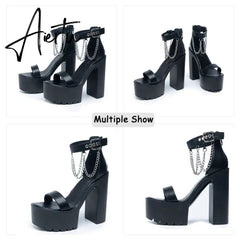 Aiertu Open Toe Metal Chain Chunky Heeled Strappy Sandals For Women Platform Block High Heels Summer Black Punk Shoes Woman Aiertu