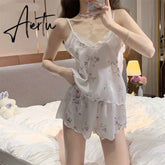Aiertu Pajama Sets Women Chic Breathable Summer Fashion Sleepwear Female Sleeveless Causal Homewear Korean Style Daily College Print Aiertu