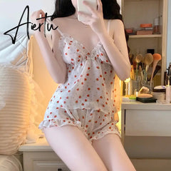 Aiertu Pajama Sets Women Lovely Korean Style Summer Sleepwear Stylish Thin Print Girlish Homewear Sweet Femme Popular Light Soft Lounge Aiertu