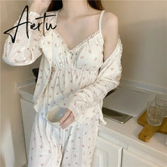 Aiertu Pajama Three Piece Set Print Camisole Cardigan with Chest Pad Trousers Homewear Women's Spring Summer Mori Girl Style Aiertu