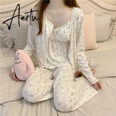 Aiertu Pajama Three Piece Set Print Camisole Cardigan with Chest Pad Trousers Homewear Women's Spring Summer Mori Girl Style Aiertu