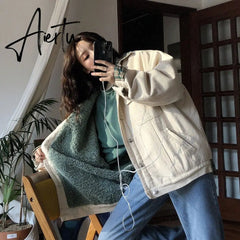 Aiertu Parkas Women Kawaii Single Breasted BF Warm outwear Trendy Leisure All-match Coat Thick Invierno Patchwork Daily Mujer Teens Ins Aiertu