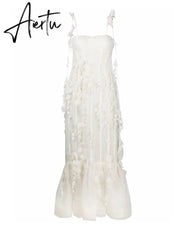 Aiertu Party Dresses White Pretty Elegant Mermaid Prom Spaghetti Strap Sleeveless 3D Appliques Women Cocktail Night Gowns Custom Made Aiertu