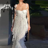Aiertu Party Dresses White Pretty Elegant Mermaid Prom Spaghetti Strap Sleeveless 3D Appliques Women Cocktail Night Gowns Custom Made Aiertu