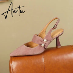 Aiertu Party Prom Women Slingbacks Pumps Summer New Kid Suede Sandals Fashion Pointed Toe High Heels Shoes Woman Heels for Women Aiertu