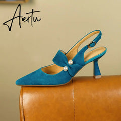 Aiertu Party Prom Women Slingbacks Pumps Summer New Kid Suede Sandals Fashion Pointed Toe High Heels Shoes Woman Heels for Women Aiertu