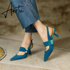 Aiertu Party Prom Women Slingbacks Pumps Summer New Kid Suede Sandals Fashion Pointed Toe High Heels Shoes Woman Heels for Women Aiertu
