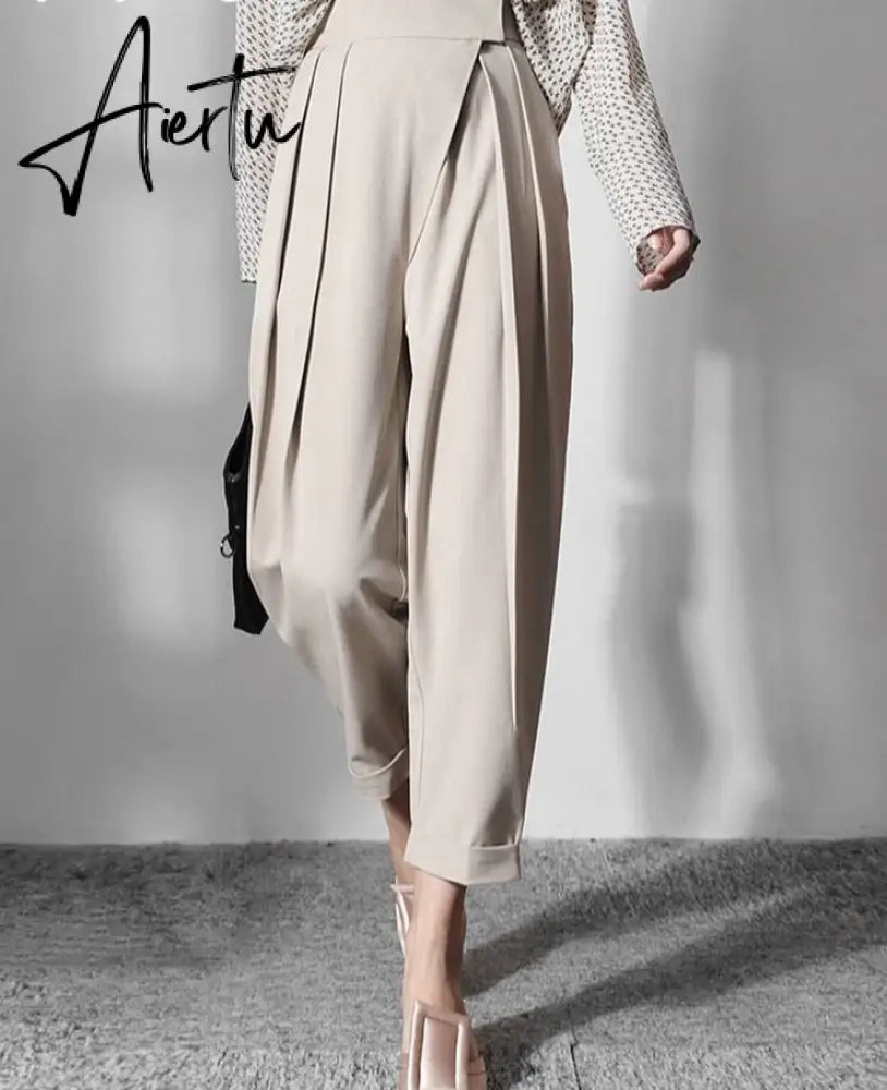 Aiertu Patchwork Asymmetrical Wide Leg Pants For Women High Waist Black Loose Trousers Female Spring Clothing Style Aiertu