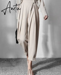 Aiertu Patchwork Asymmetrical Wide Leg Pants For Women High Waist Black Loose Trousers Female Spring Clothing Style Aiertu