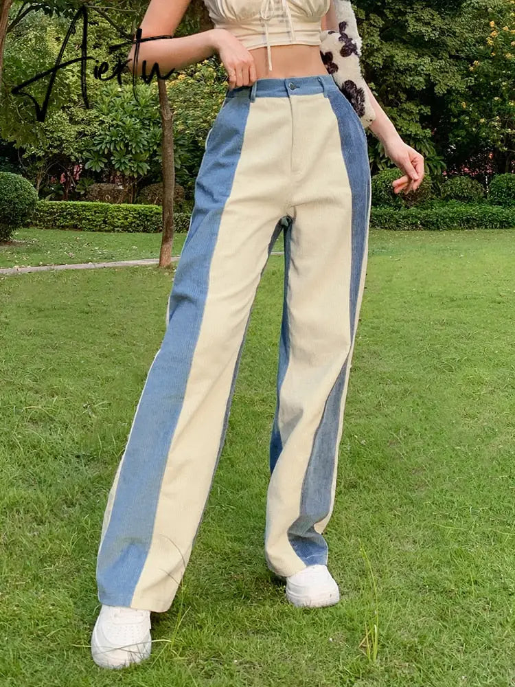 Aiertu Patchwork Casual Corduroy High Waist Pants 2000s Aesthetic Autumn Warm Long Trousers Skinny Streetwear Sweatpants 90s Aiertu